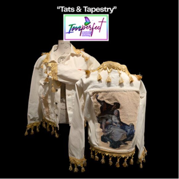 Upcycled heavy ivory denim jacket w/ Renaissance graphic - Picture 1 of 2